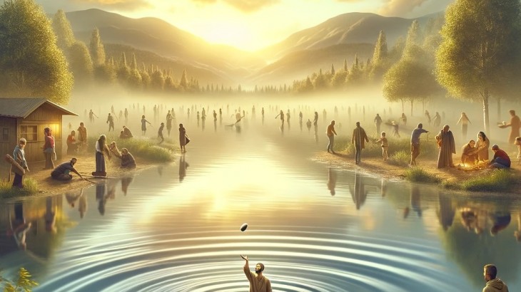 A serene lake scene where a person tossing a pebble creates expanding ripples, surrounded by people engaging in acts of kindness like tree planting and sharing meals, symbolizing the widespread impact of positive actions