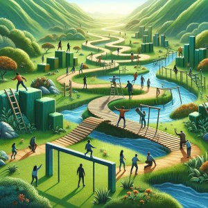 A winding pathway through a lush landscape with people overcoming obstacles using bridges, ladders, and helping hands, symbolizing the journey of overcoming challenges through positive action and support towards self motivation.